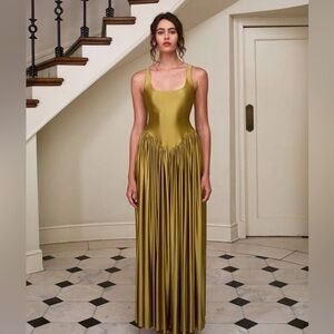 Sleek Olive Satin Pleated Maxi Dress